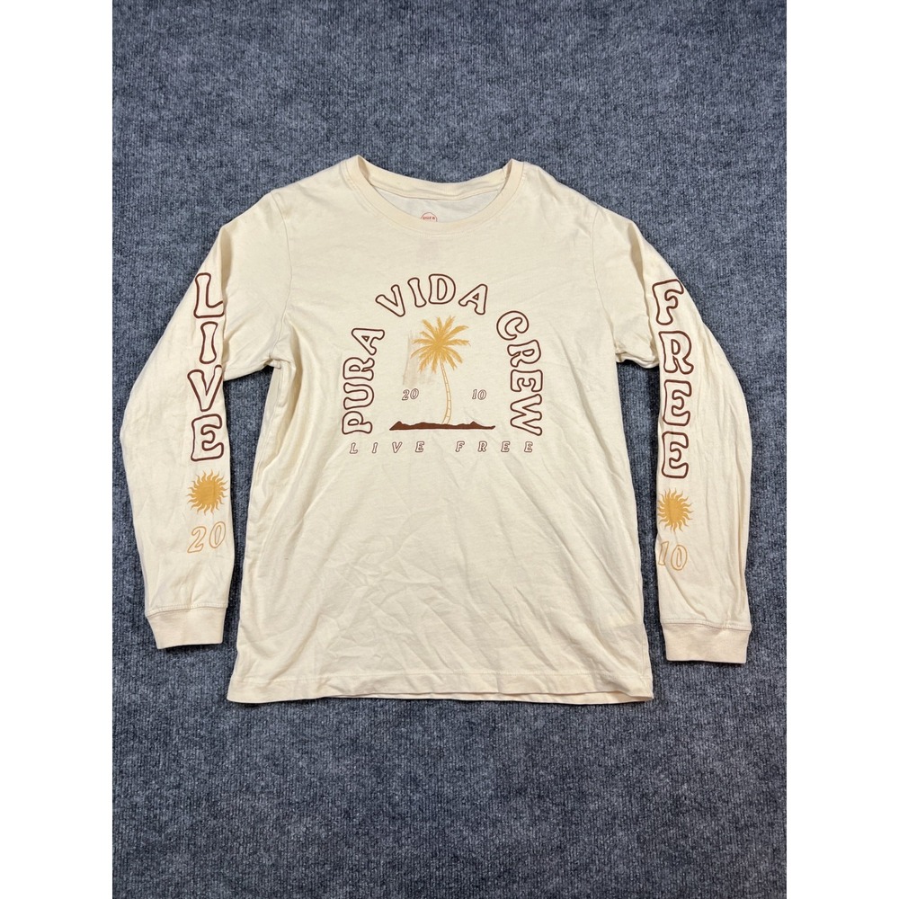 Pura Vida Live Free T Shirt Mens Medium Beige Cotton Palm Tree Graphic Crew Neck